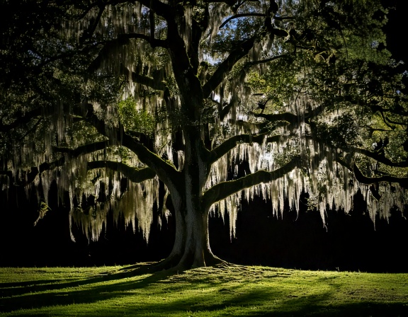 Live oak draped in Spanish moss, backlit